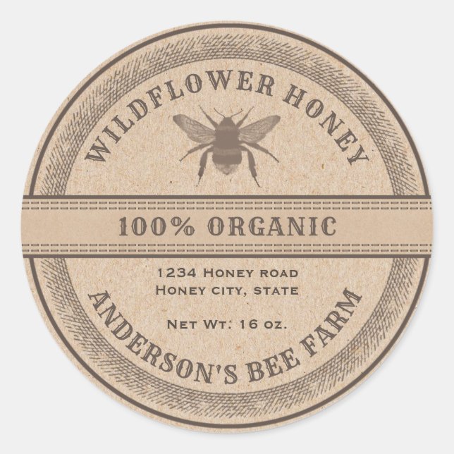 Vintage rustic Kraft bee  honey jar label (Front)