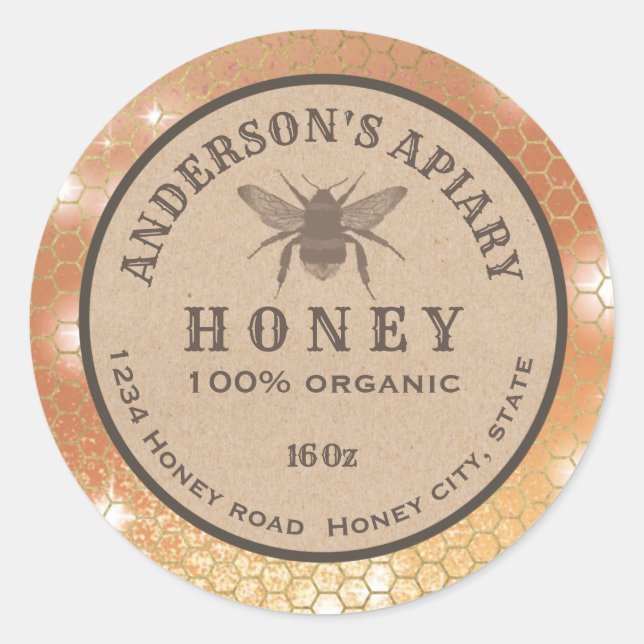 Vintage rustic Kraft bee honeycomb honey jar label (Front)