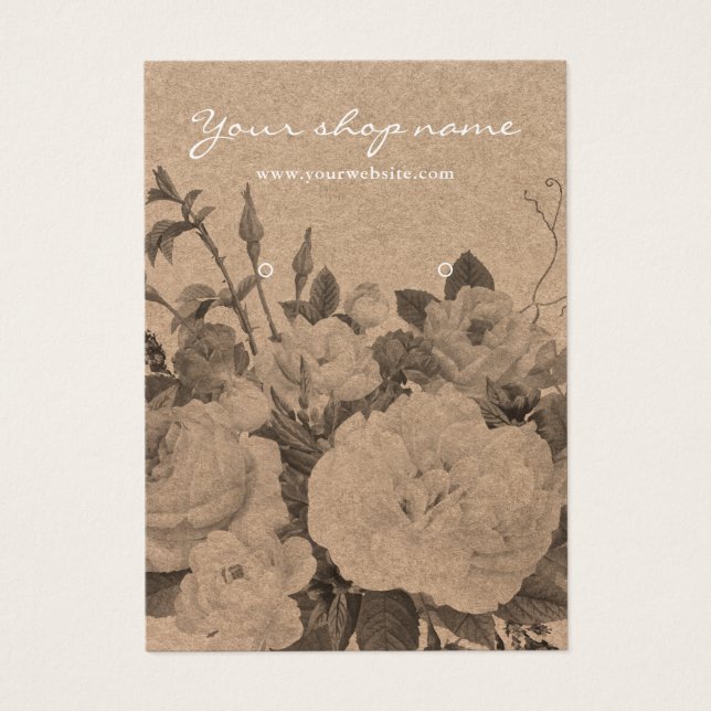 Vintage rustic kraft black floral earring display (Front)