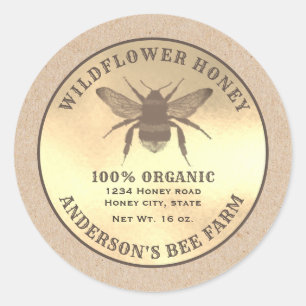 Vintage rustic Kraft gold bee honey jar label