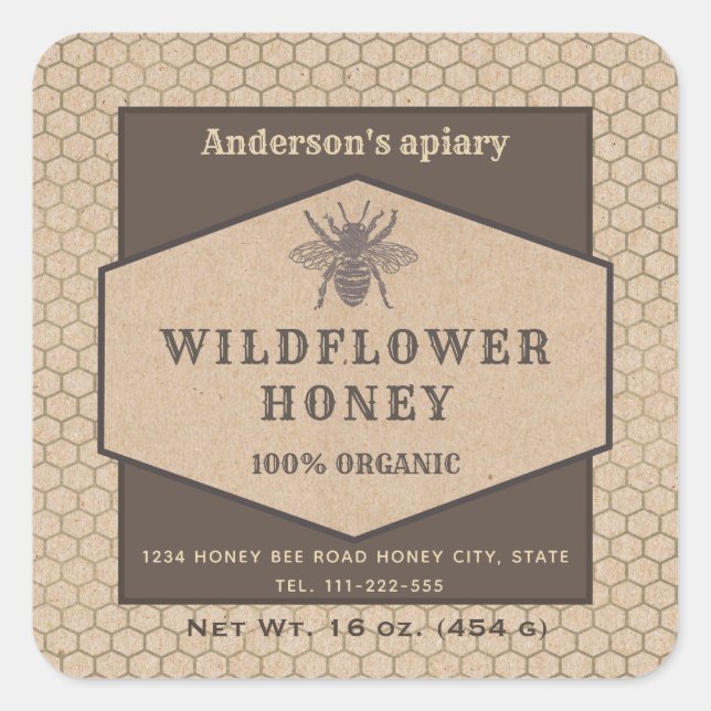 Vintage rustic Kraft honey bee honey jar label (Front)