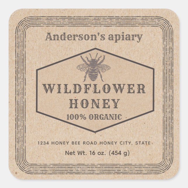 Vintage rustic Kraft honey bee honey jar label (Front)