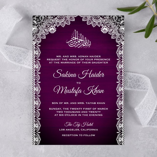 Vintage Rustic Lace Plum Purple Islamic Wedding Invitation (Creator Uploaded)