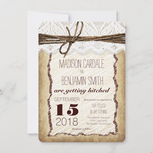 Vintage Rustic Lace Twine Wedding Invitations (Front)