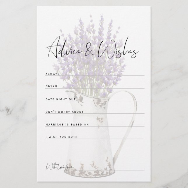 Vintage Rustic Lavender Advice Card Bridal Shower (Front)