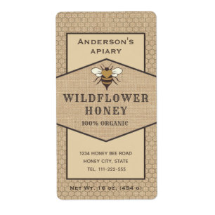 Vintage rustic linen honey bee honey jar label