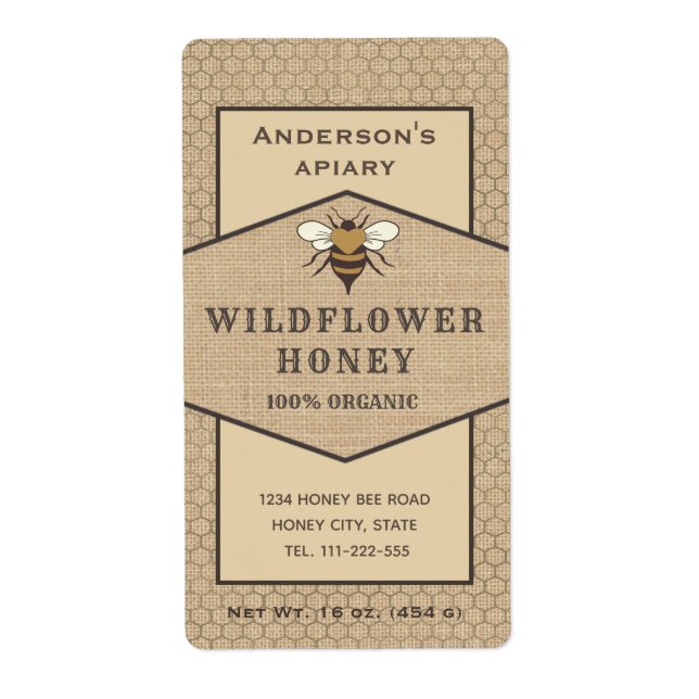 Vintage rustic linen honey bee honey jar label (Front)
