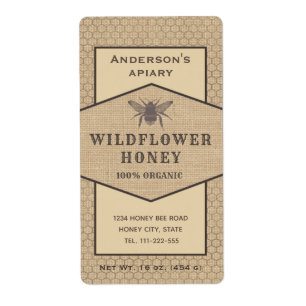 Vintage rustic linen honey bee honey jar label