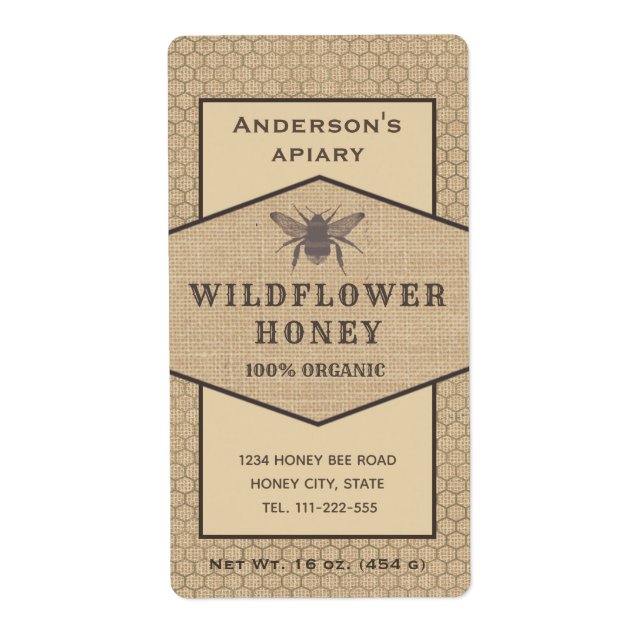 Vintage rustic linen  honey bee honey jar label (Front)