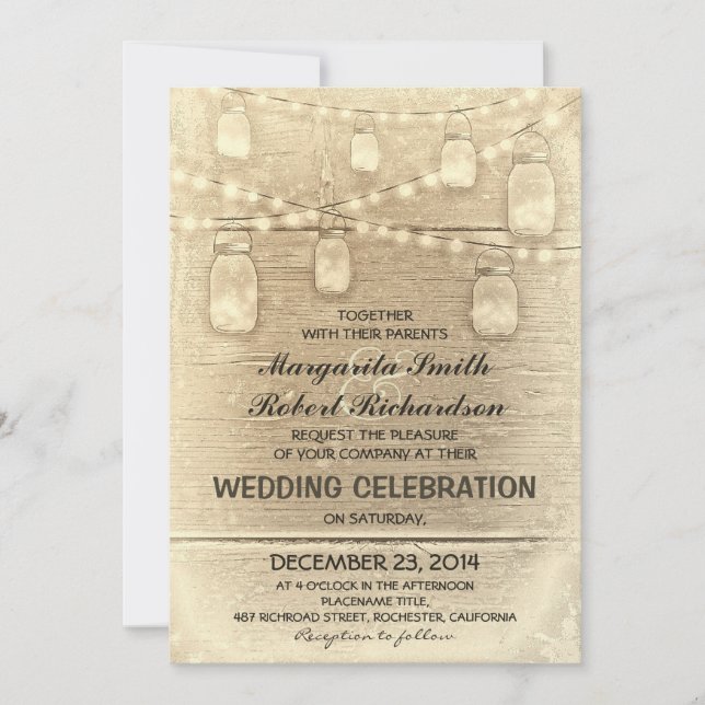 vintage rustic mason jars and light wedding invitation (Front)