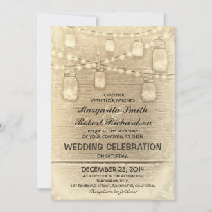 vintage rustic mason jars and light wedding invitation
