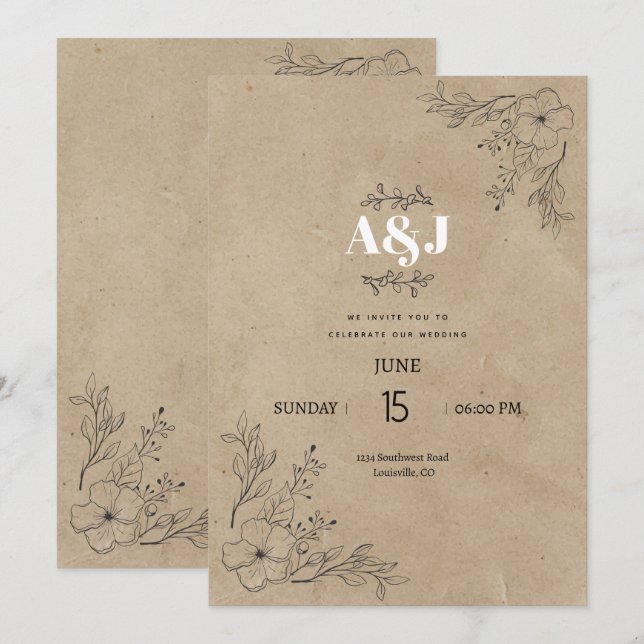 Vintage Rustic Minimalist Parchment Wedding Invitation (Front/Back)
