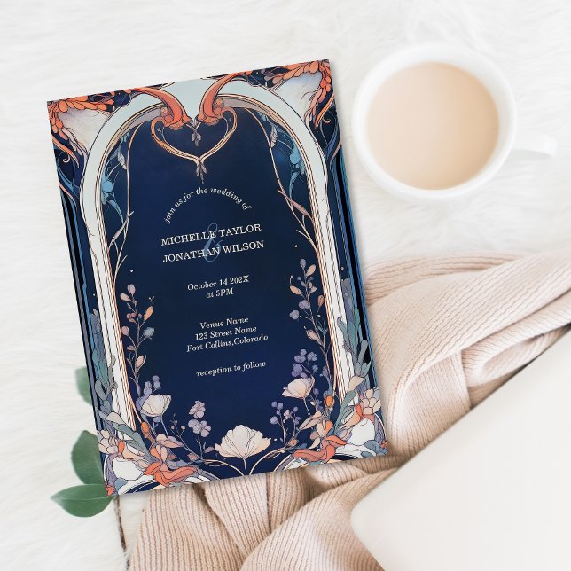 Vintage Rustic Navy Floral Art Nouveau  Invitation (art nouveau alfonso mucha wedding invitation)