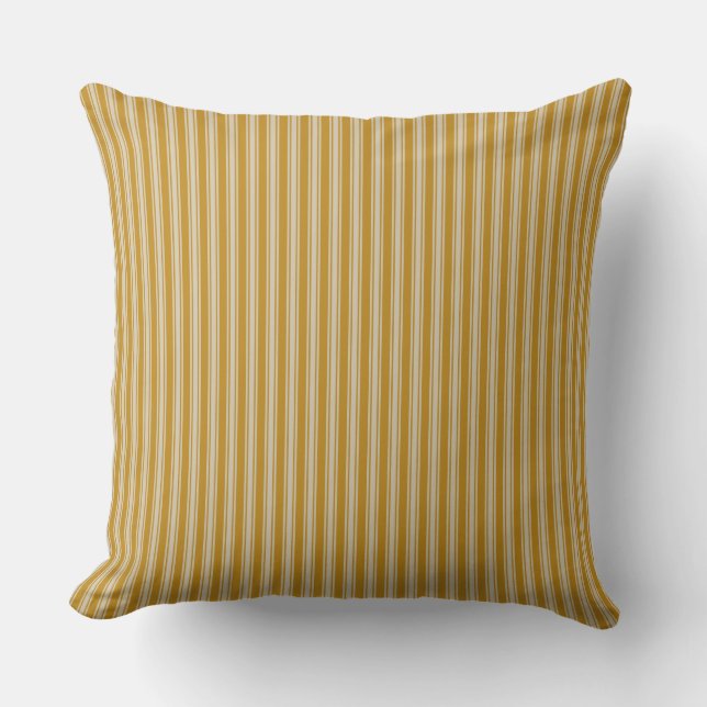 Vintage Rustic Ocher Yellow Ticking Striped Throw Pillow (Front)