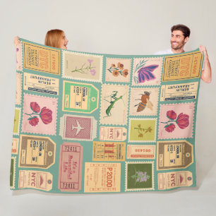Vintage rustic old stamps and cenima tickets fleece blanket