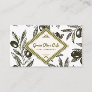 Vintage Rustic Olive Branches Illustration Cafe Business Card