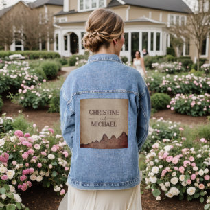 Vintage rustic paper brown mountains wedding denim jacket