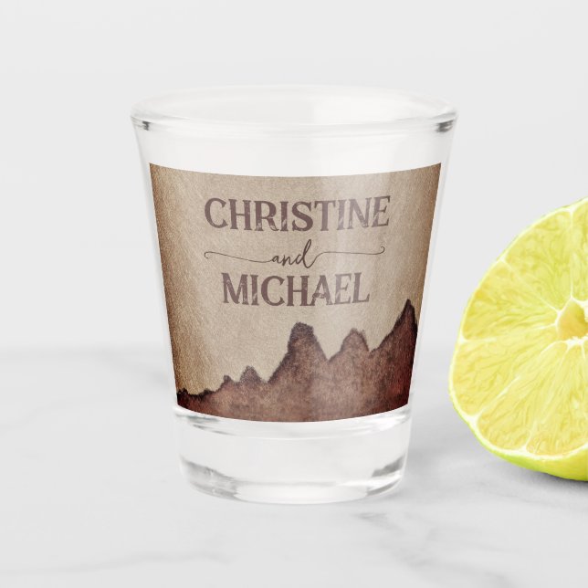 Vintage rustic paper brown mountains wedding shot glass (Front)