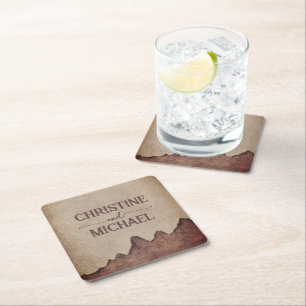 Vintage rustic paper brown mountains wedding square paper coaster