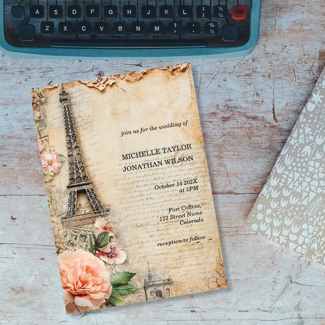 Vintage Rustic Paris Eiffel Tower Destination Invitation (vintage paris wedding)