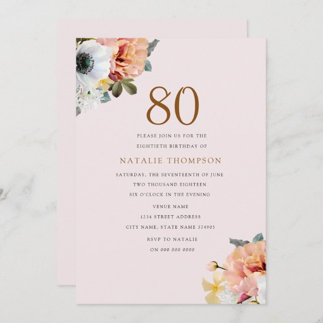Vintage Rustic Peach Floral 80th Birthday Invite (Front/Back)