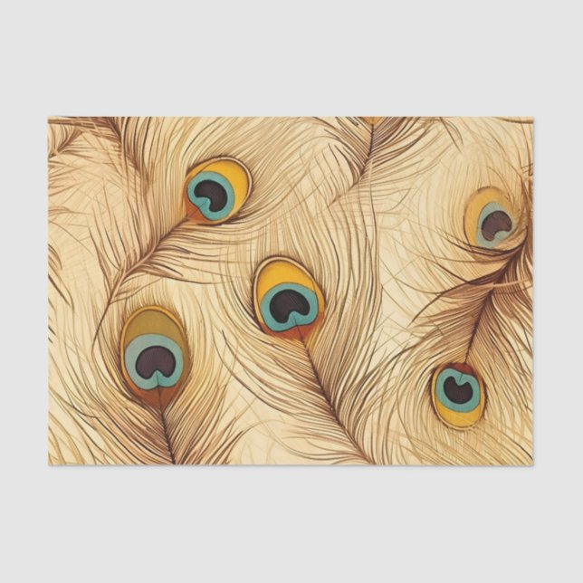 Vintage Rustic Peacock Feathers Print Tissue Paper (Front)