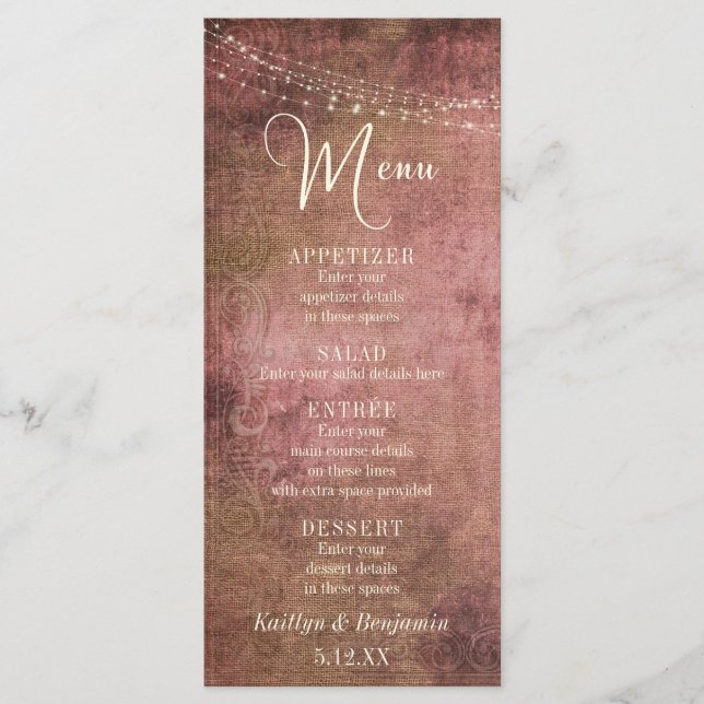 Vintage Rustic Pink & Burlap & Lights Wedding Menu (Front)