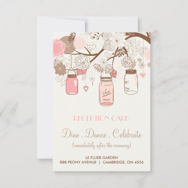 Vintage Rustic Pink Mason Jars Reception Card (Front)