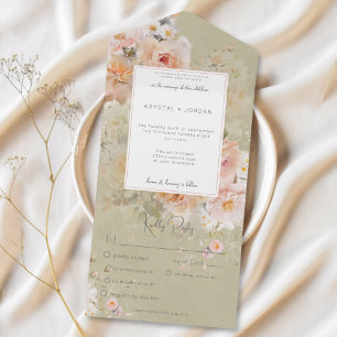 Vintage Rustic Pink & Sage Floral Frame Dinner All In One Invitation