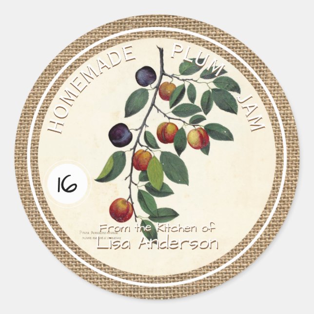 Vintage Rustic Plum Jam custom round Sticker Label (Front)