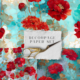 Vintage Rustic Red Floral Decoupage Paper Set 