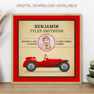 Vintage Rustic Red Race Car Baby Photo Birth Stats Poster