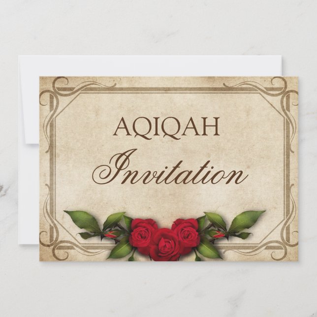 Vintage Rustic Red Roses Baby Girl Aqiqah Invitation (Front)