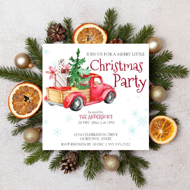Vintage rustic red truck with Christmas tree Invitation (Christmas party red truck template invitation digital download)