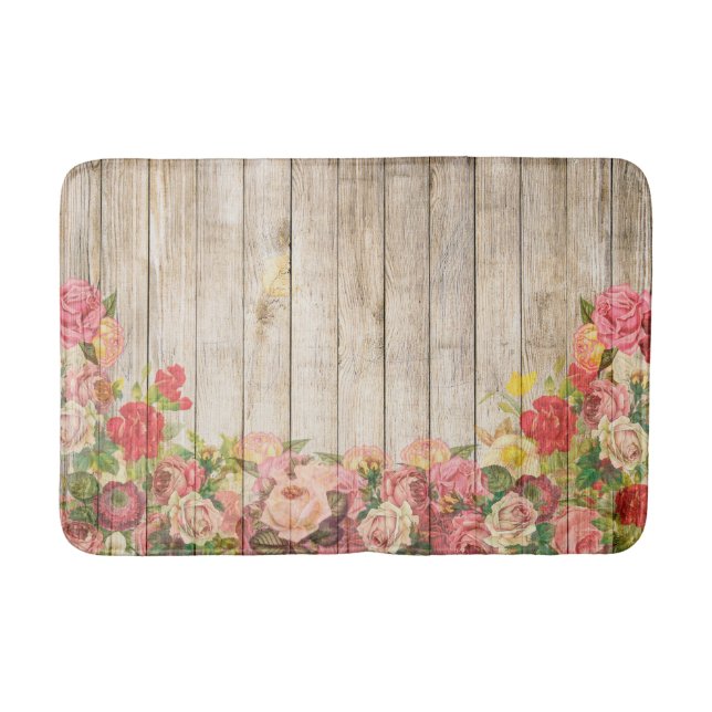 Vintage Rustic Romantic Roses Wood Bath Mat (Front)