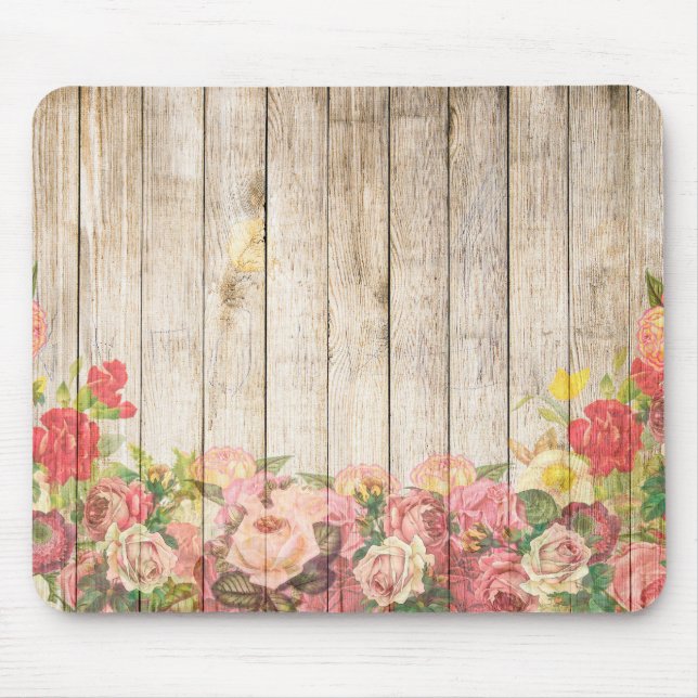 Vintage Rustic Romantic Roses Wood Mouse Pad (Front)