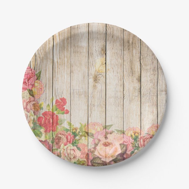 Vintage Rustic Romantic Roses Wood Paper Plate (Front)