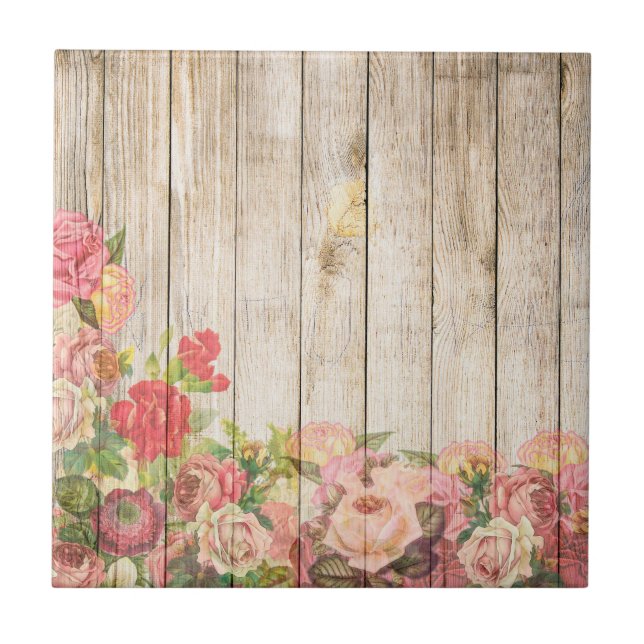 Vintage Rustic Romantic Roses Wood Tile (Front)