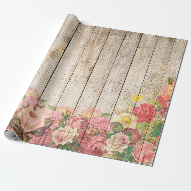 Vintage Rustic Romantic Roses Wood Wrapping Paper (Unrolled)
