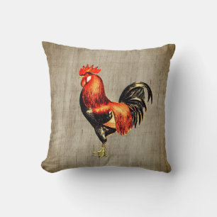 Vintage Rustic Rooster Brown Beige Burlap Throw Pillow