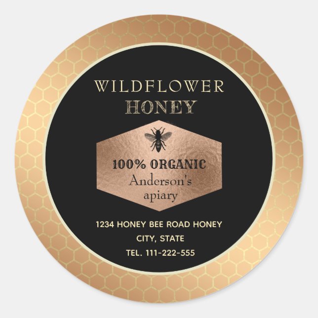 Vintage rustic rose gold  bee honey jar label (Front)