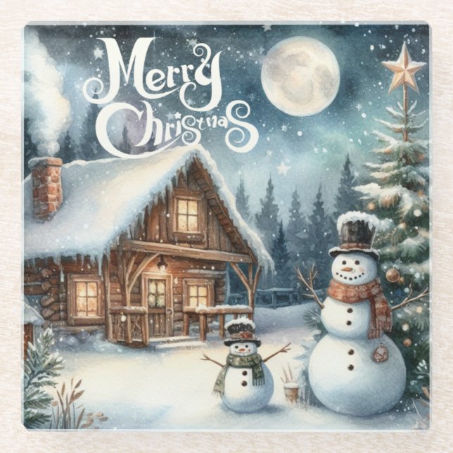 Vintage/Rustic/Snowman/Christmas Glass Coaster (Front)
