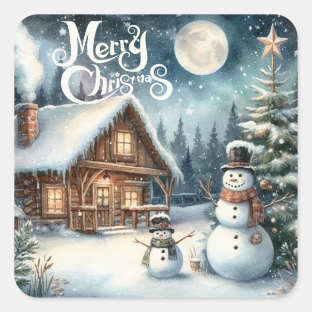 Vintage/Rustic/Snowman/Christmas Square Sticker (Front)