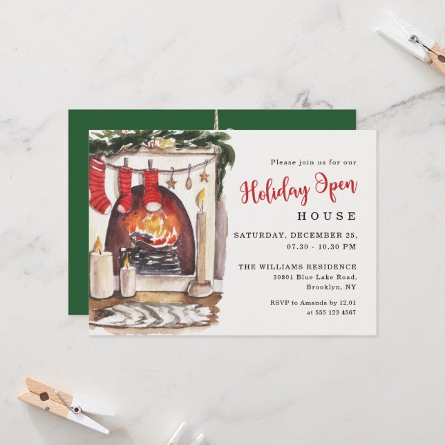 Vintage Rustic Socks Holiday Open House Invitation (Front/Back In Situ)