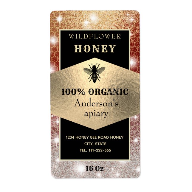 Vintage rustic sparkle gold logo bee honey jar (Front)