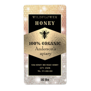 Vintage rustic sparkle gold logo bee honey jar