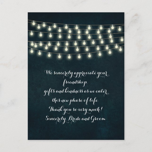 Vintage Rustic String Lights Navy Blue Wedding Postcard (Front)