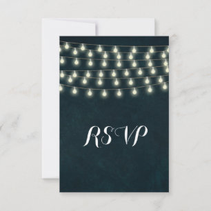 Vintage Rustic String Lights Navy Blue Wedding RSVP Card