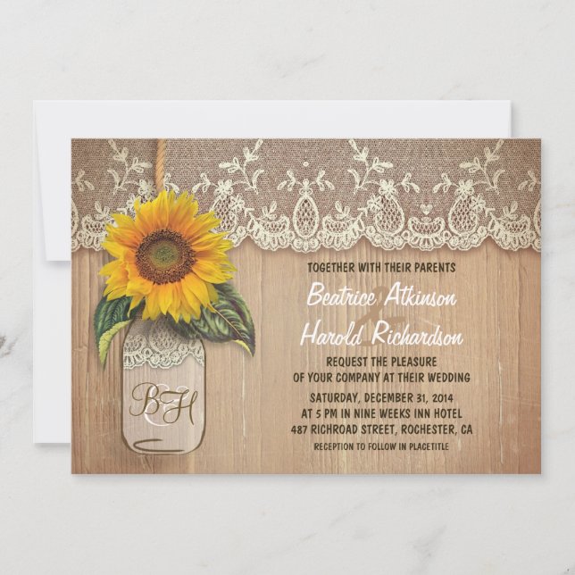 vintage rustic sunflower mason jar wedding invitation (Front)