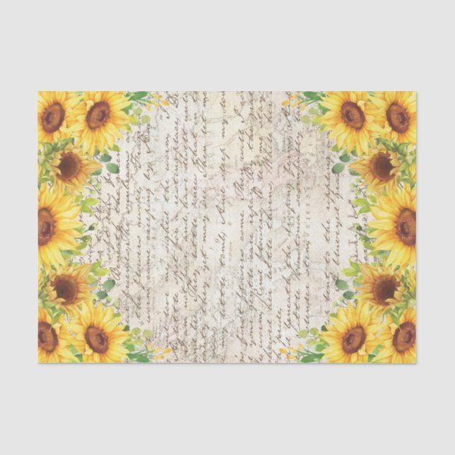 Vintage Rustic Sunflower Old Letter Decoupage Tissue Paper (Front)